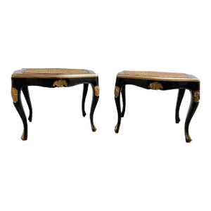 Black Lacquer Cane Gilded Louis XV Stools - a Pair