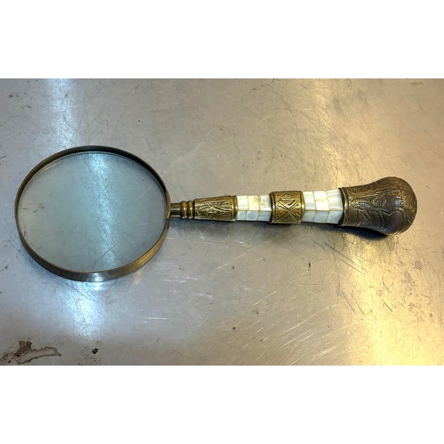 1930s-40s extra large brass/mother-of-pearl magnifying glass. Excellent condition. Measures 13.5" long total and 5"...