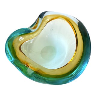 Vintage Mid Century Modernist Barbini Murano Art Glass Amber Teal Sommerso Freeform Bowl For Sale