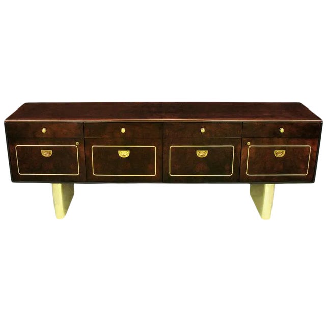 Romweber Burled Walnut and Brass Campaign-Modern Credenza For Sale