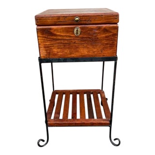 Vintage Early American Primitive Style Decorative Solid Wooden Box ơn Wrought Iron Stand For Sale