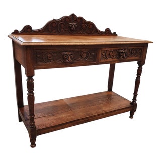 Victorian Gothic Style Round Carved Oak Side Table, 1920s For Sale