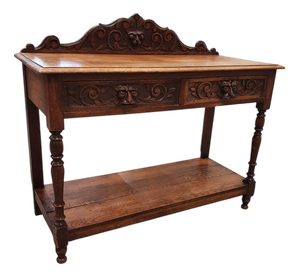 Victorian Gothic Style Round Carved Oak Side Table, 1920s