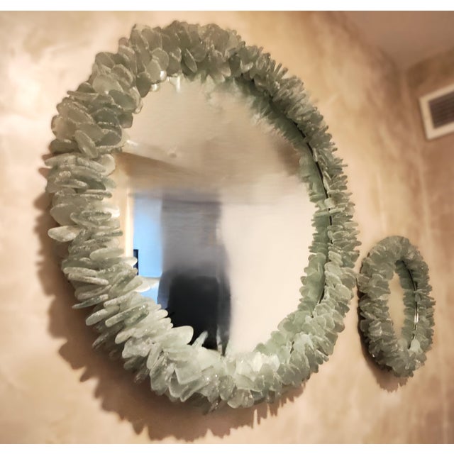 Palecek Seaglass Modern Classic Recycled Glass Round Accent Wall Mirror Set - Large and Small Mirrors set in a wrought...