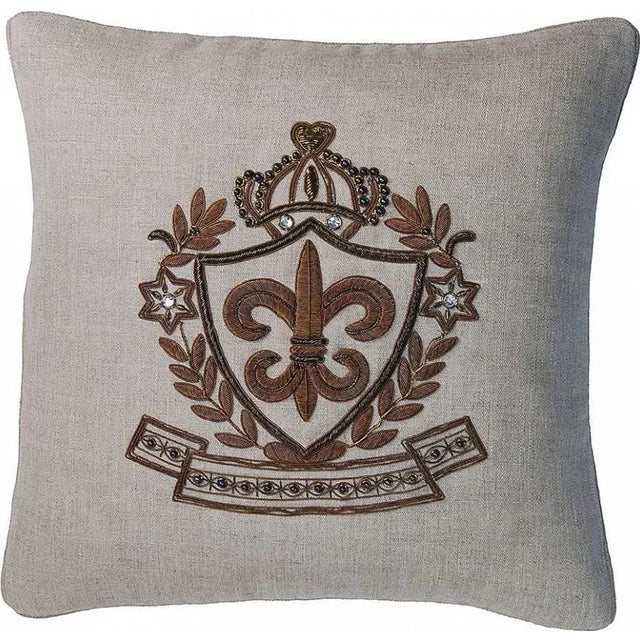 French Zardozi Embroidery Linen 18"x18" Throw Pillow For Sale - Image 3 of 3