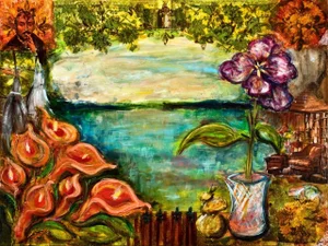 "Resurrection Lilies" Contemporary Impressionist Landscape Still Life Painting by Christine Ilewski-Huelsmann