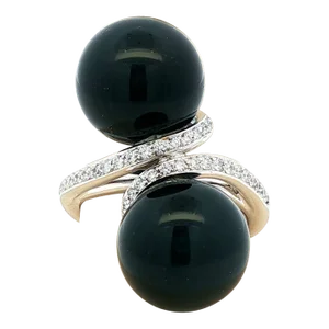 Late 20th Century Black Onyx Offset Balls and Diamond 14k White Gold Ring, Size 6
