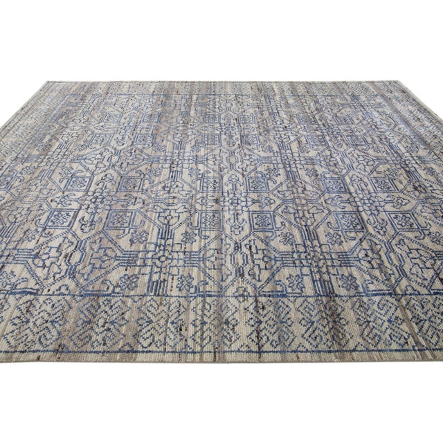 Early 21st Century Early 21st Century Handmade Geometric Modern Indian Wool Rug in Gray and Blue by Apadana For Sale - Image 5 of 7