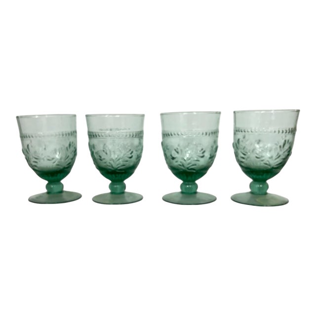 Vintage Pale Green Pressed Glass Large Wine Goblets - Set of 4 For Sale