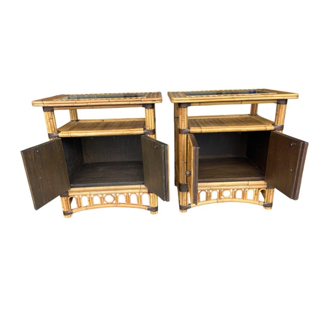 Brown Vintage Split Bamboo Nightstands, a Pair, Coastal, Boho / Hollywood Regency, Organic For Sale - Image 8 of 12