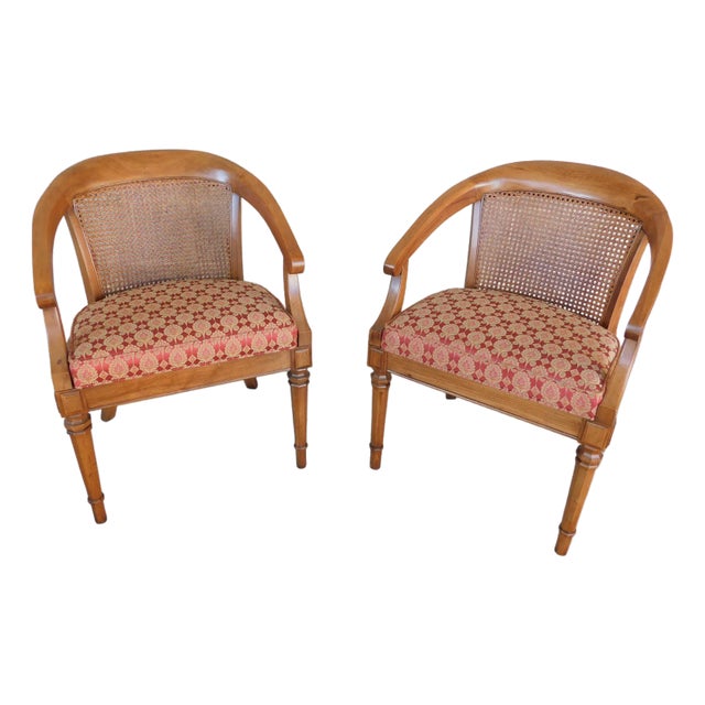 Vintage Walnut Barrel Back Italian Regency Style Cane Back Accent Arm Chairs - A Pair For Sale