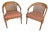 Vintage Walnut Barrel Back Italian Regency Style Cane Back Accent Arm Chairs - A Pair For Sale