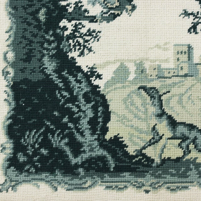 Late 20th Century Vintage Framed Needlework Blue Monochrome Woodland Landscape With Hound and Estate Motif For Sale - Image 5 of 8