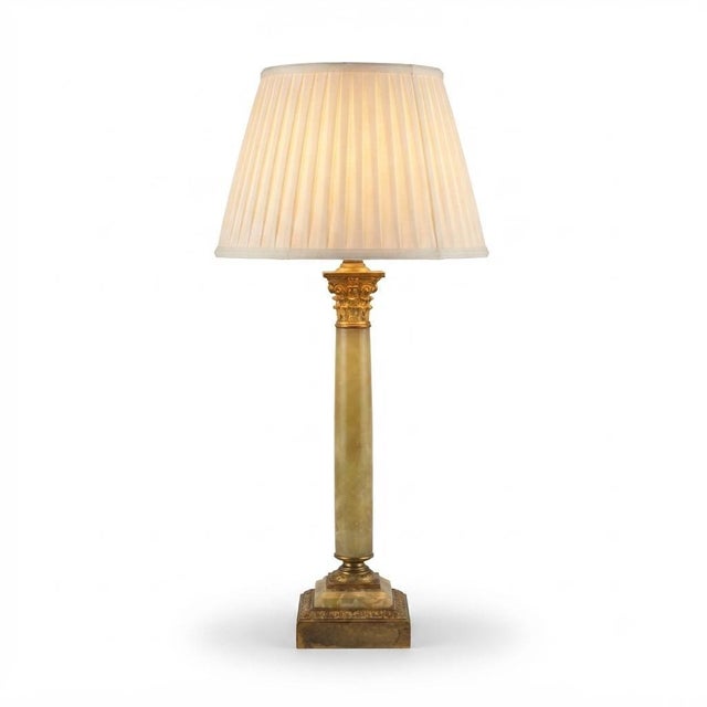 Green Onyx Corinthian Column Table Lamp with Pleated Shade, 1930s For Sale - Image 17 of 17