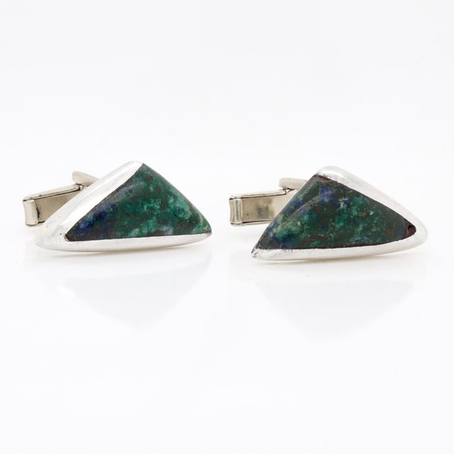 Mid 20th Century Signed Mexican Space Age Azurmalachite H. Arriaca Sterling Silver Cufflinks For Sale - Image 5 of 11