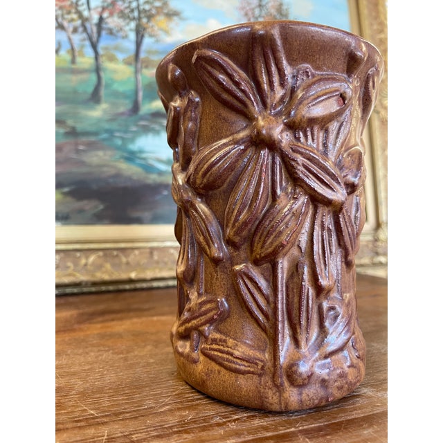 Arts & Crafts Vintage Red Wing Pottery Brown Glazed Floral Relief Vase For Sale - Image 3 of 10