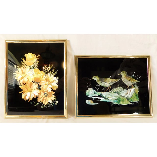 Pair Vintage 1980s Black & Gold Foil Glass Floral & Bird Framed Wall Pictures For Sale - Image 10 of 10