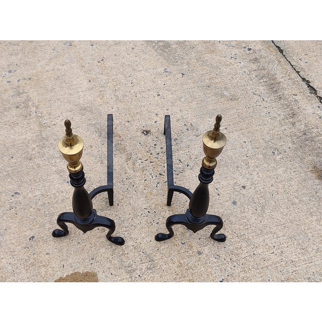 Mid 20th Century Black and Brass Andirons- Set of 2 For Sale - Image 9 of 10