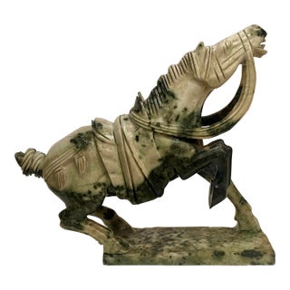 Antique Asian Marble War Horse Table Sculpture, Tang Dynasty, Black, Gray & Light Green For Sale