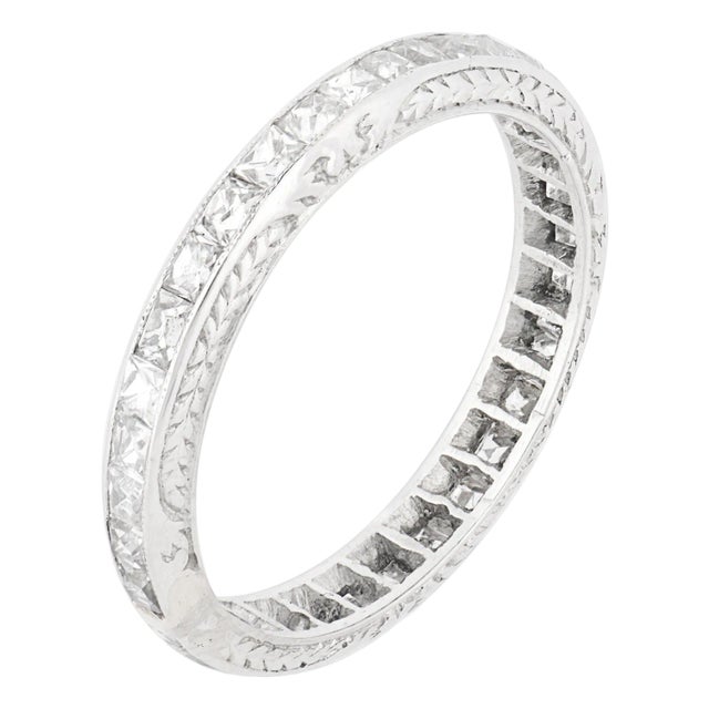 1930s Art Deco French Cut Diamond Platinum Eternity Band, Size 5 For Sale