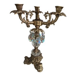 1950s Brass Candelabra Candlestick Holders Reflective Crystals For Sale