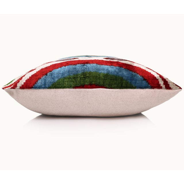 Handmade Silk Velvet Pillow 20x20 – Multicolor Ikat Circle Designer Cushion For Sale - Image 4 of 8