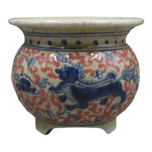 Chinese Vintage Ceramic Pot,Blue and White Underglaze Red Porcelain Censer Hand Painted Kylins Pattern