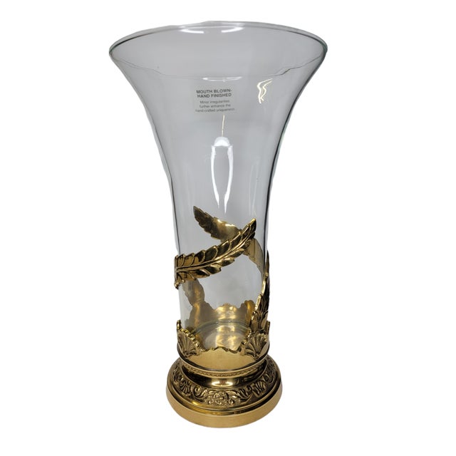 Art Nouveau Vintage Art Nouveau Hand Blown Glass Vase With Ornate Brass Base For Sale - Image 3 of 5