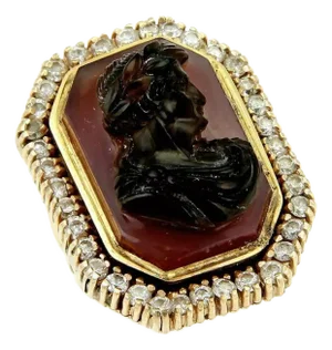 Diamond & Carnelian High Relief Carved 14k Gold Julius Caesar Ring, Size 6