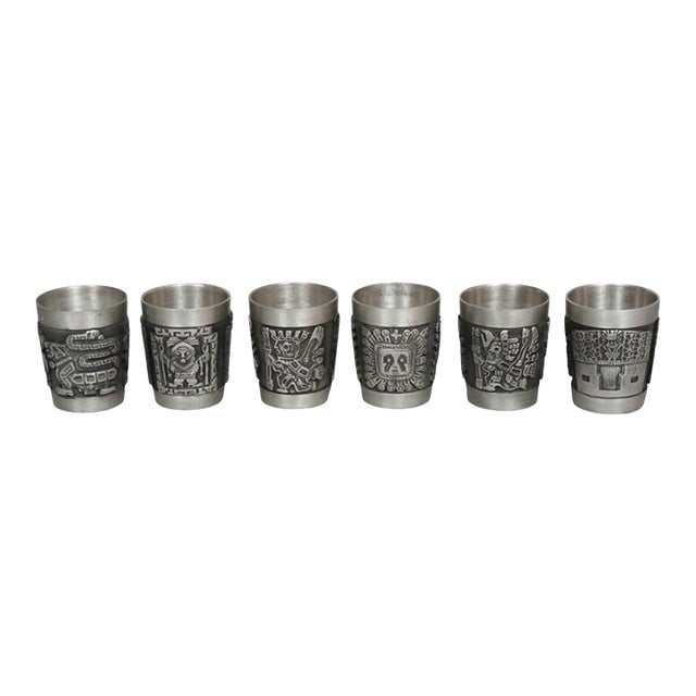 1980s Incan Deities Pewter Shot Glasses by Schohaus of Bolivia - Set of 6 For Sale