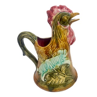 French Onnaing Majolica Rooster Pitcher c.1900 For Sale