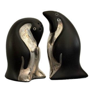 1980s Emilia Castillo Taxco Sterling and Porcelain Penguin Salt & Pepper Shakers - a Pair For Sale