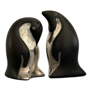 1980s Emilia Castillo Taxco Sterling and Porcelain Penguin Salt & Pepper Shakers - a Pair