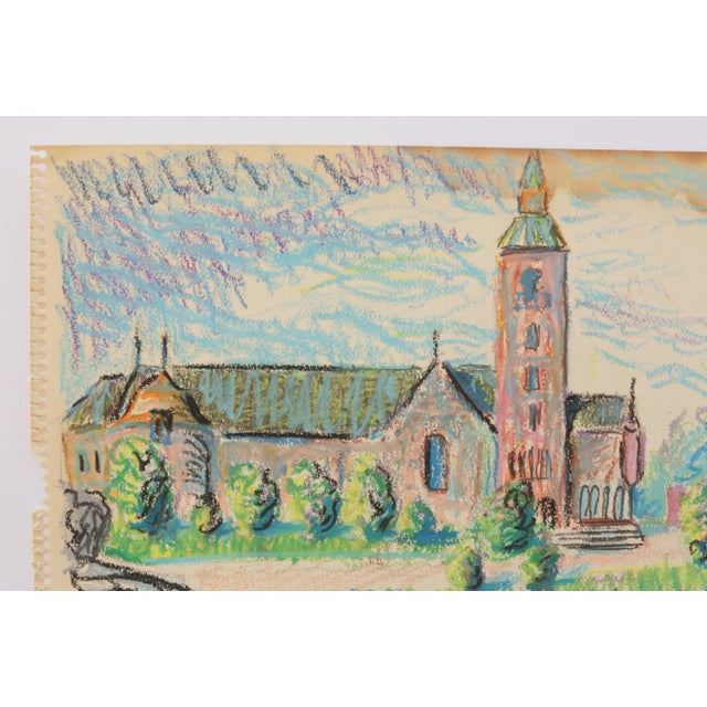 Mid-Century Modern 50s Swedish Folk Art Oil Pastel Painting, Church in Pink, Sky Blue, Purple & Spring Green For Sale - Image 3 of 10