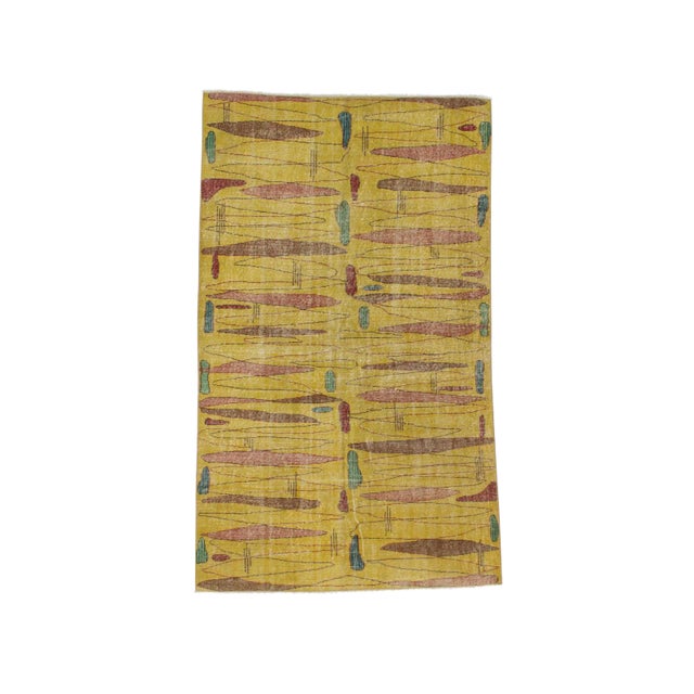 Vintage Turkish Art Deco Yellow Wool Rug - 4′10″ × 8′1″ For Sale