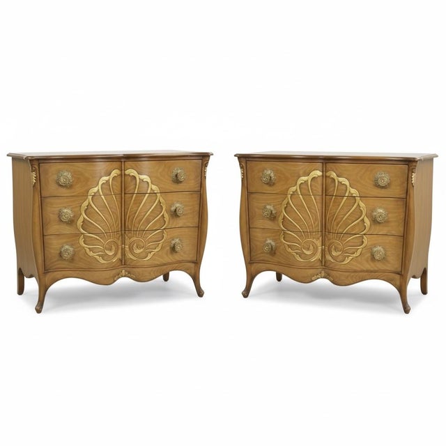 1970s French Hollywood Regency Style Walnut W/ Gilt Shell Chests - Pair For Sale In Atlanta - Image 6 of 8