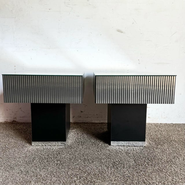 1980s Postmodern Black and Silver Striped Mirror Top Side Tables - a Pair For Sale - Image 5 of 12