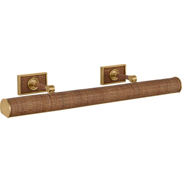 Chapman & Myers for Visual Comfort Signature Halwell 30" Picture Light in Antique-Burnished Brass and Natural Woven Rattan For Sale