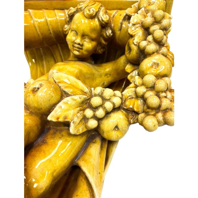 Early 20th Century Italian Baroque Revival Glazed Majolica Cherub Wall Bracket For Sale - Image 4 of 11