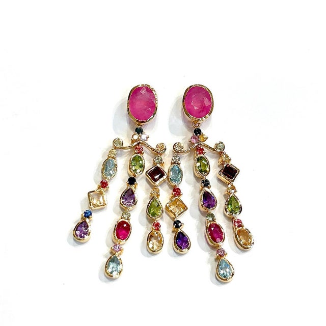 Gemstone Bochic "Orient" Vintage Ruby & Multi gem Chandelier Earrings Set 18K Gold&Silver, A Pair For Sale - Image 7 of 18