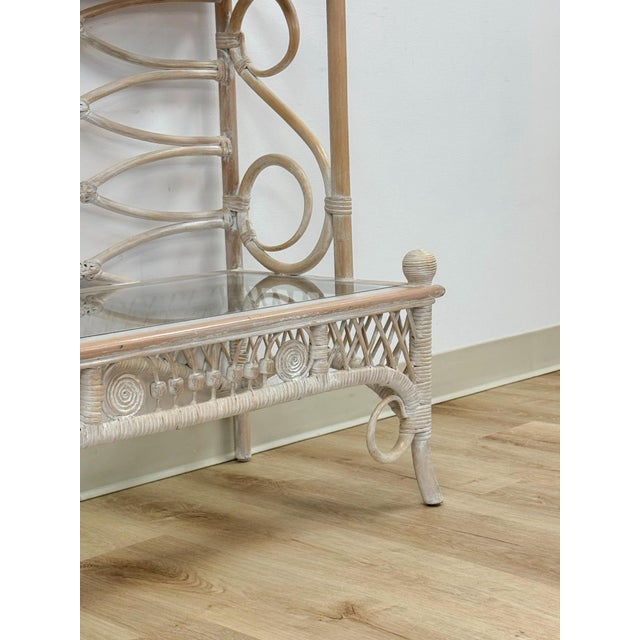 Mid 20th Century Vintage Etagere Henry Link Rattan Whitewash Three-Tier Glass Shelves Coastal For Sale - Image 5 of 16
