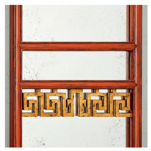 Chinoiserie Chinoiserie Five Panel Red Lacquer & Gilt Mirror Screen For Sale - Image 3 of 5