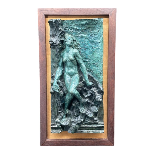 Artist Signed Bronze Wall Hanging Sculpture of Nude Woman on a Wooden Frame Circa 1990 For Sale