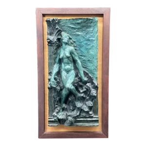 Artist Signed Bronze Wall Hanging Sculpture of Nude Woman on a Wooden Frame Circa 1990