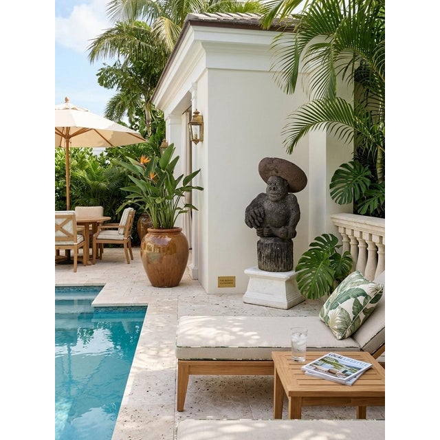 Charcoal Vintage Hand-Carved Volcanic Stone Whimsical Monkey With Sombrero & Bananas Garden Statue For Sale - Image 8 of 12