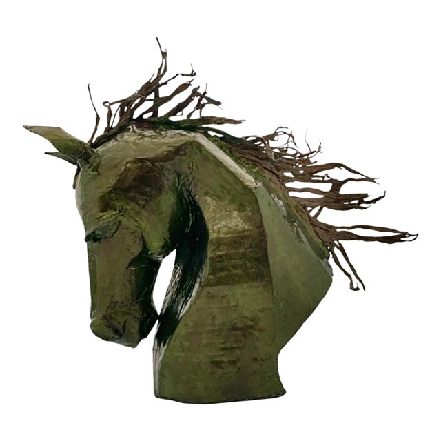 Horse Bust Equestrian Sculpture Handcrafted Paper Mache Brutalist Style Decor For Sale