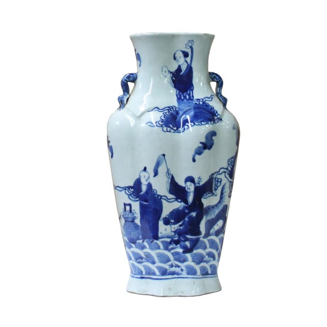 Ceramic Chinese Blue White Porcelain Eight Immortal Graphic Flat Body Vase For Sale - Image 7 of 7