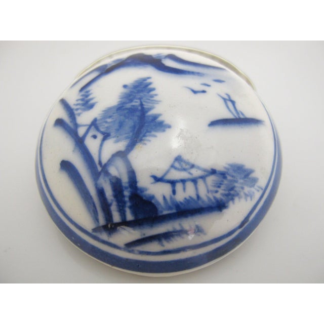 Late 19th Century Japanese Shunga Secret Erotica Blue Porcelain Seal Paste or Trinket Jar With Lid For Sale - Image 5 of 10