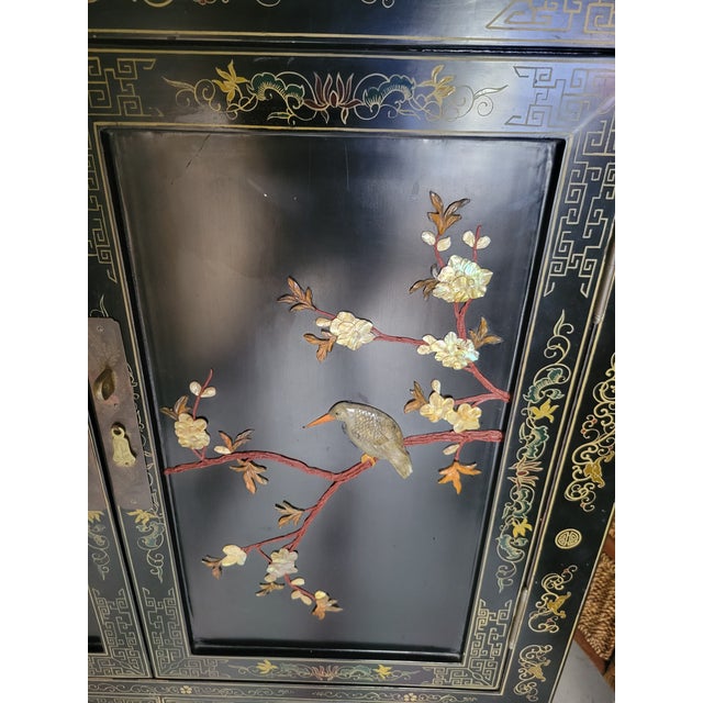 Vintage Chinoiserie Black Lacquered Large 4 Door Soapstone Decorative Storage Cabinet For Sale - Image 9 of 18