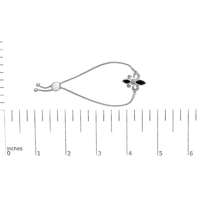 Early 21st Century .925 Sterling Silver Marquise Black Onyx and Diamond Accent Lariat Fleur De Lis Adjustable Bolo Bracelet (I-J Color, I1-I2 Clarity) For Sale - Image 5 of 5